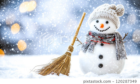 A snowman stands on the snow. The concept of holiday joy, winter magic, and Christmas celebration. Generative AI. 120287349