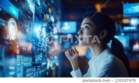 A student woman learns online with futuristic technology. The concept of education, innovation, and digital learning. Generative AI. 120287470