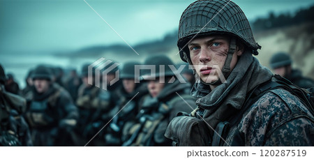 Cinematic of World War II soldiers. Military operation and War Concept. Generative Ai. 120287519