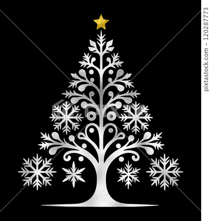 Silver and gold paper-cut style illustration of a tree with a snowflake motif. Winter image. Cutout on a black background. 120287773