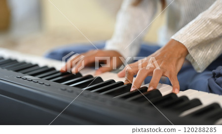 Close up female musician playing an electronic piano in living room Close up female musician playing an electronic piano in living room 120288285