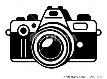 Silhouette illustration of a digital SLR camera, cut out on a transparent background 120288445
