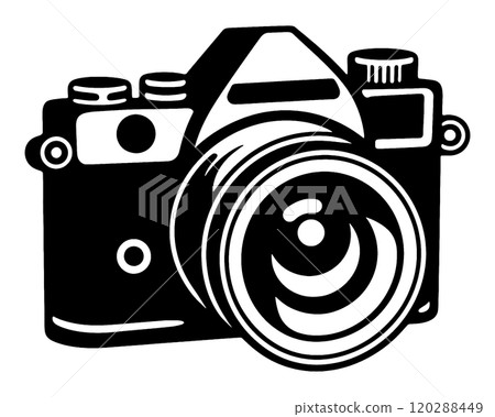 Silhouette illustration of a digital SLR camera, cut out on a transparent background 120288449