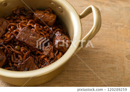 Jjapaguri or Chapaguri, Korean Black Beans Spicy Noodles with Beef 120289259
