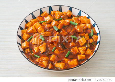 Mapo Tofu - The traditional Sichuan dish of silken tofu and ground beef, packed with mala flavor from chili oil and Sichuan peppercorns. 120289270