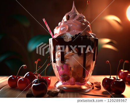 Chocolate milkshake with whipped cream and cherry. Generative AI 120289367