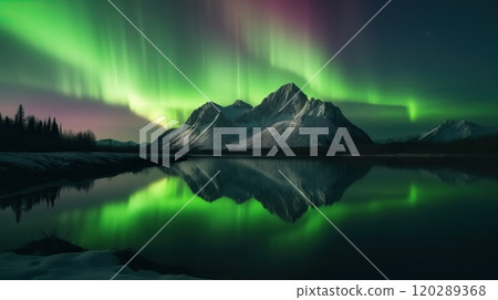 Beautiful Northern Lights above mountain and river. Generative AI 120289368
