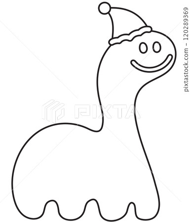 Cute outline of dinosaur wearing winter hat for Christmas and New Year festive decoration, cartoon character, mascot, animal, sticker, holiday, zoo, amusement park, kid colouring book, art, painting 120289369