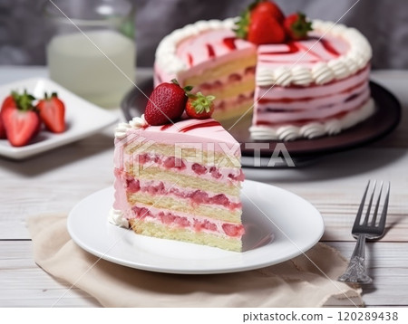 Strawberry sponge cake with fresh strawberries. Generative AI 120289438
