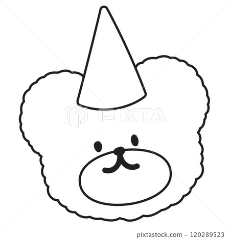 Cute outline of teddy bear with party hat for animal, zoo, souvenir shop, cartoon character, mascot, patch, doll, brooch, festive Christmas decoration, celebration, kid colouring book, art, painting 120289523