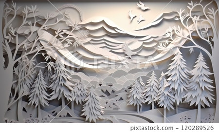 Traditional christmas paper cut art piece with a snowy landscape. Generative AI 120289526