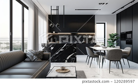 Modern black and white luxury living room with grey sofa and decoration. Generative AI 120289597