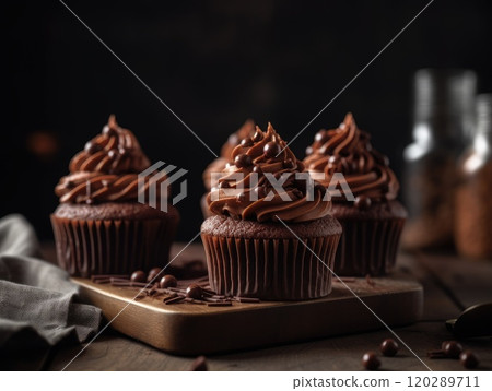 chocolate cupcake on dark wooden background. Generative AI 120289711