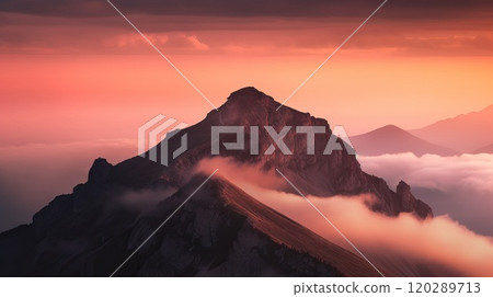 Beautiful top of mountain surrounded by clouds. Generative AI 120289713