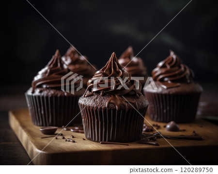 chocolate cupcake on dark wooden background. Generative AI 120289750