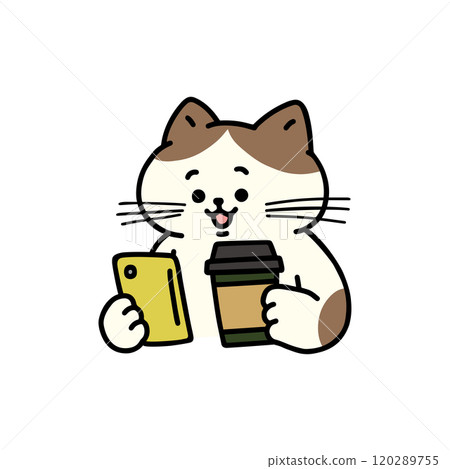 貓一邊拿著咖啡一邊看智慧型手機 120289755