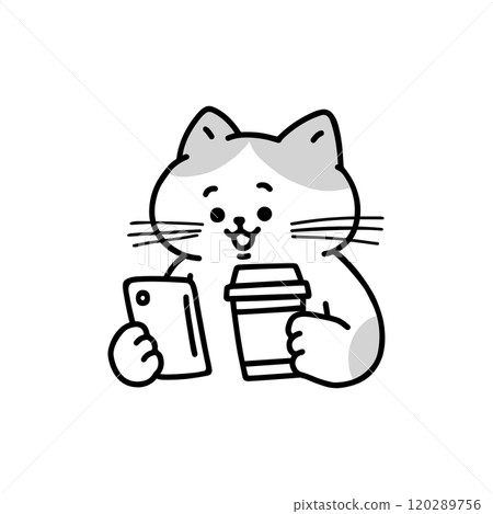 Cat looking at smartphone while holding coffee, monochrome 120289756