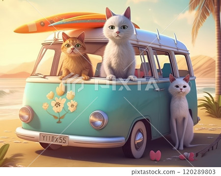 Adorable cat sittign on the car, ready for travel, summer concept. Generative AI Adorable cat sittign on the car, ready for travel, summer concept. Generative AI 120289803