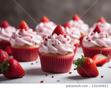 Homemade pink sweet cupcake with strawberries. Generative AI 120289821