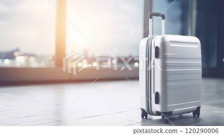 Travel suitcase with airport defocused background. Generative AI 120290006