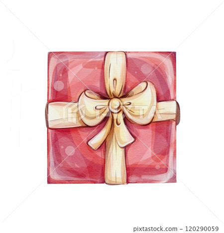 Watercolor gift with gold bow, red box for celebration. Template, elements for greeting cards, invitation, poster, celebration, banner, print, party 120290059