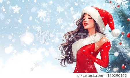 Cheerful Woman in Santa Hat with Snowy Background, Christmas Illustration_3 120290152
