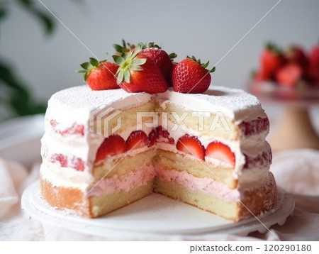 Strawberry sponge cake with fresh strawberries. Generative AI 120290180