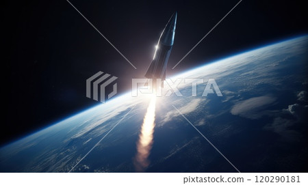 A rocket soars from Earth into space, science concept. Generative AI 120290181