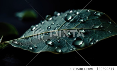 Close up view of raindrops on green leaf. Generative AI 120290245