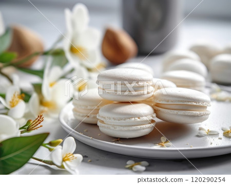Homemade sweet Vanilla macarons. Generative AI 120290254