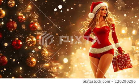 Glamorous Woman in Santa Outfit Holding Christmas Gift near Festive Tree 120290296