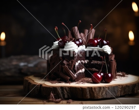 Black forest cake, dark chocolate and cherry dessert. Generative AI Black forest cake, dark chocolate and cherry dessert. Generative AI 120290297