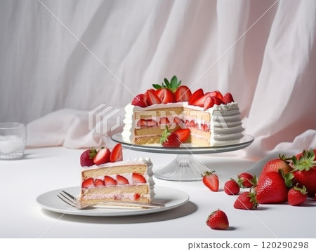 Strawberry sponge cake with fresh strawberries. Generative AI Strawberry sponge cake with fresh strawberries. Generative AI 120290298