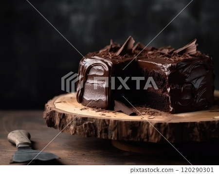 tasty homemade chocolate cake on table. Generative AI 120290301