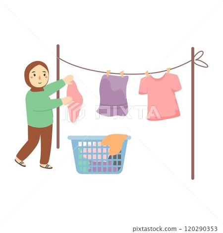 girl hanging wet clothes out to dry girl hanging wet clothes out to dry 120290353