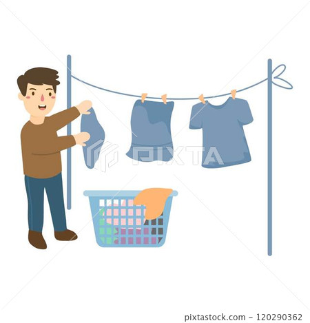 man taking clothes from bucket man taking clothes from bucket 120290362