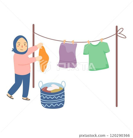 woman hijab hanging wet clothes out to dry 120290366