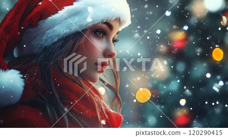 Thoughtful Woman in Santa Hat with Christmas Lights and Snowfall Background 120290415