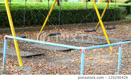 A park with fallen leaves, an empty swing, an autumn day 120290426