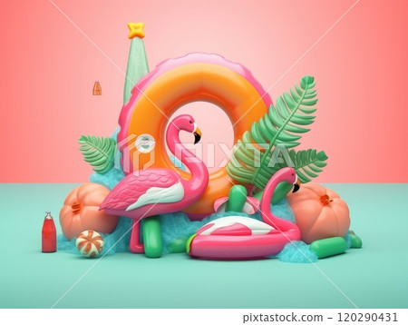 3D summer colorful artwork with tropical fruits and ice cream. Generative AI 3D summer colorful artwork with tropical fruits and ice cream. Generative AI 120290431