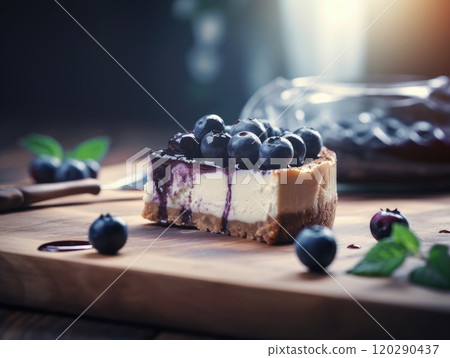 Delicious homemade cheesecake with blueberries. Generative AI 120290437