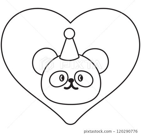 Outline of panda with party hat and heart for kid colouring book, art, painting, animal print, tattoo, zoo, souvenir shop, cartoon character, comic, mascot, amusement park, cute patch, celebration 120290776