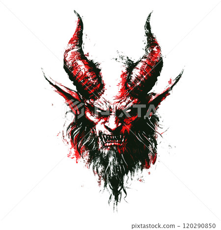Intense demonic satan face with red horns, sharp fangs, and fierce expression; gritty, dark art style with splattered textures for a haunting, sinister effect. 120290850