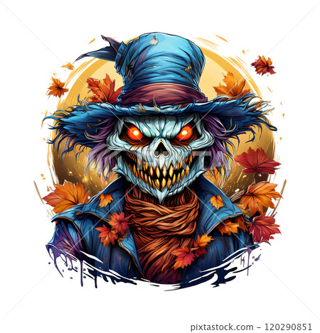 A menacing scarecrow with glowing orange eyes, a sinister grin, and tattered blue hat, surrounded by autumn leaves. Perfect for Halloween or horror themes. A menacing scarecrow with glowing orange eyes, a sinister grin, and tattered blue hat, surrounded by autumn leaves. Perfect for Halloween or horror themes. 120290851