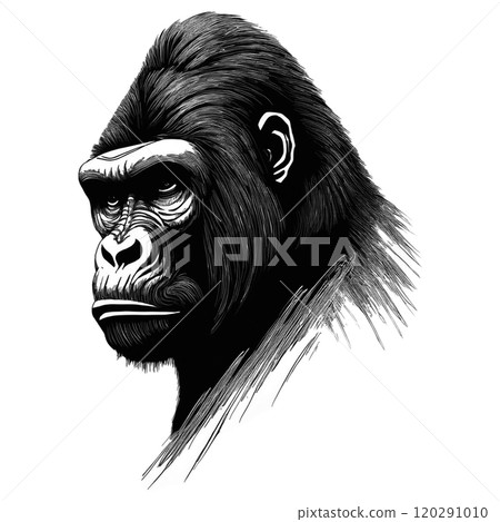Cool black and white illustration of a gorilla's face, cut out on a transparent background 120291010