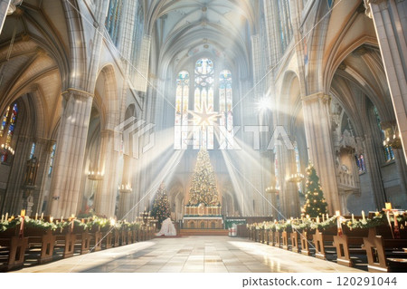 Stunning cathedral interior with sunlight streaming through colorful stained glass, decorated for Christmas, holiday season concept Stunning cathedral interior with sunlight streaming through colorful stained glass, decorated for Christmas, holiday season concept 120291044