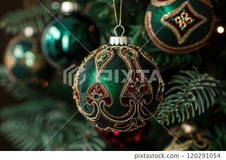 Elegant green Christmas ornament, decorated with golden patterns, hanging on tree branch, holiday decoration concept Elegant green Christmas ornament, decorated with golden patterns, hanging on tree branch, holiday decoration concept 120291054