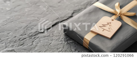 A Christmas gift wrapped in gray paper with a golden ribbon and a wooden tree tag, resting on a textured gray surface 120291066