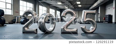 Silver Metallic 2025 Numbers in Industrial Gym Setting with Equipment Nearby, Year Change Concept 120291119
