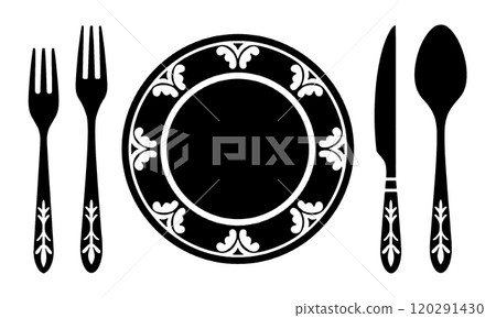 法國菜桌設置的剪影插圖,透明背景上配有時尚的圖案盤子和餐具 法國菜桌設置的剪影插圖,透明背景上配有時尚的圖案盤子和餐具 120291430